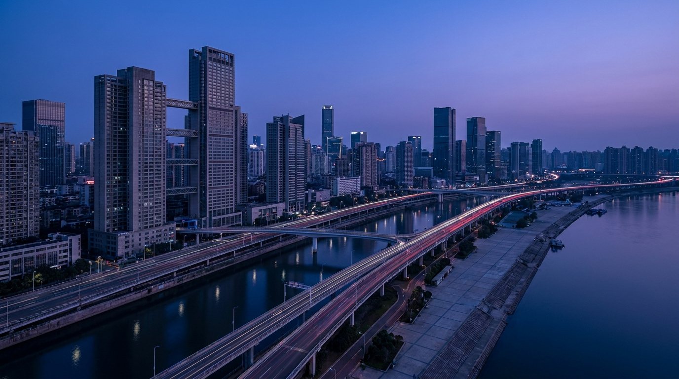 Chinese megacity skyline at blue hour