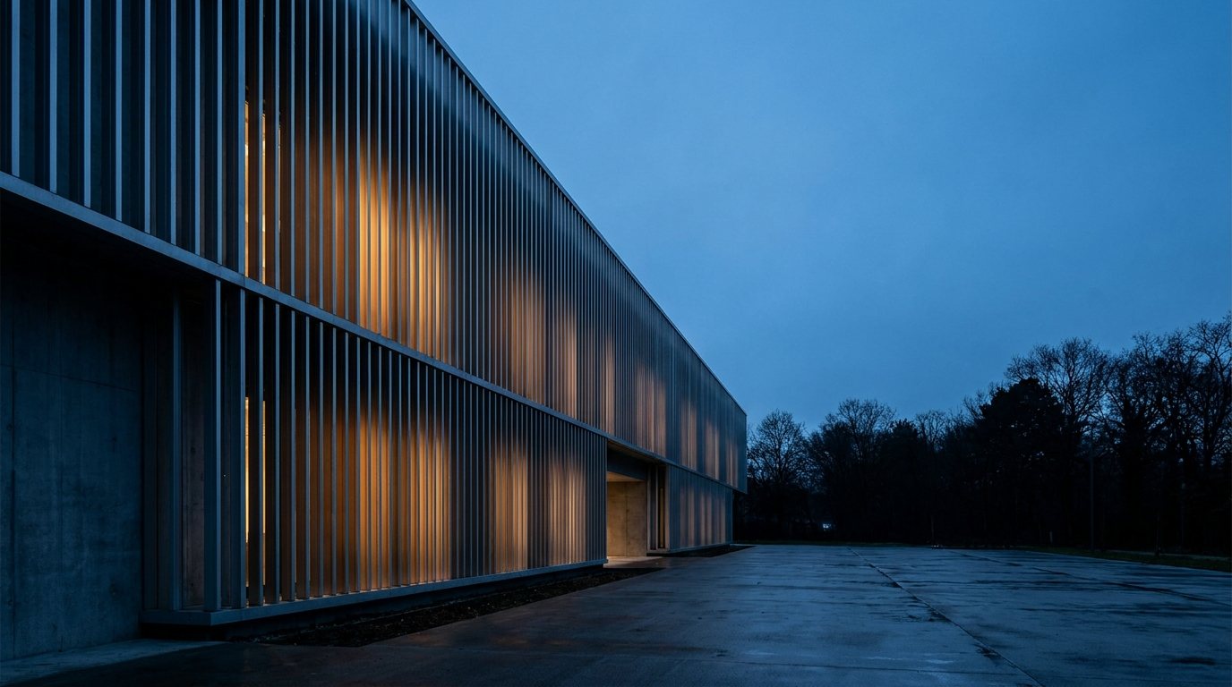 Lattice facade lit from within at dusk