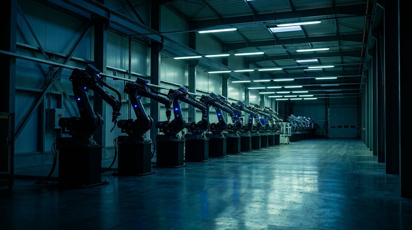 Industrial robot arms on a production floor at night
