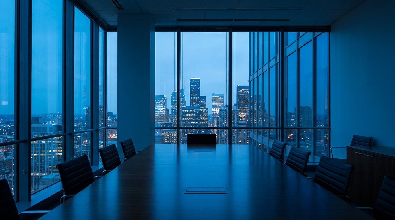 Empty boardroom facing a lit skyline at night